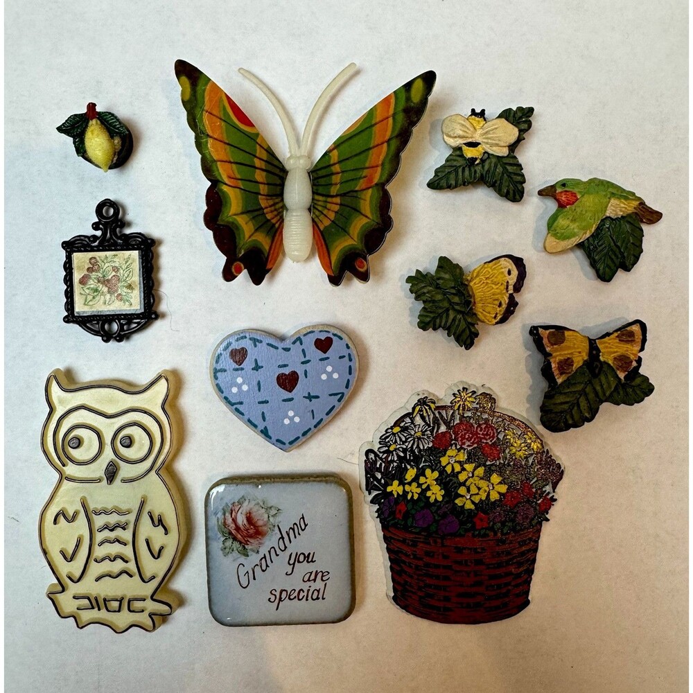 Vintage Refrigerator Magnet Lot 11 Pcs Butterfly Owl Flowers Hummingbird Grandma